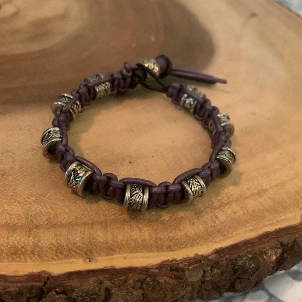 Purple Macrame Silver Boho Chic Leather Bracelet.  6 1/2”